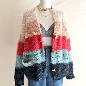 Shaggy Knit Cardigan Sweater Block Stripe